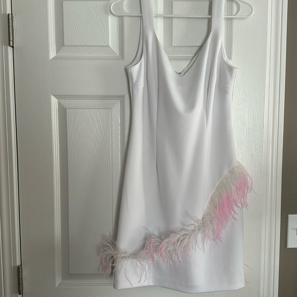 White cocktail dress with feather detail